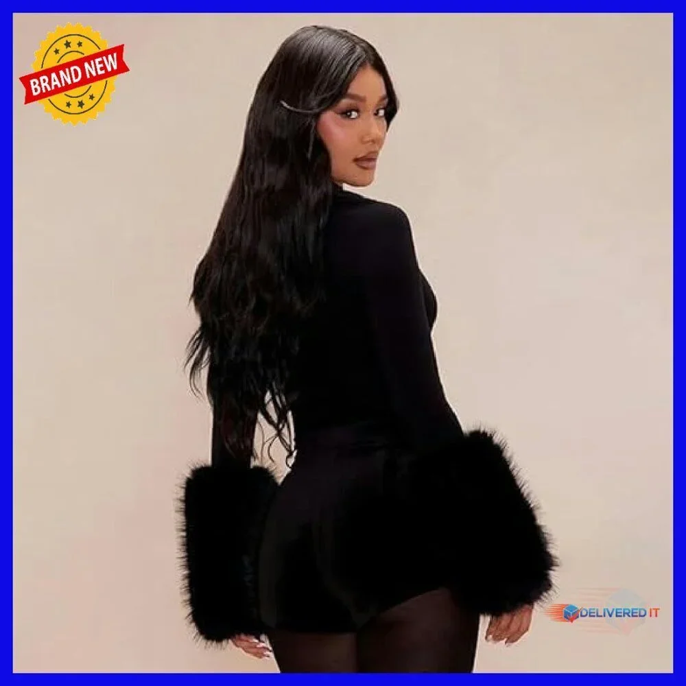 Long Sleeve Mock Neck Bodysuit with Faux Fur Cuffs, Sexy Club Outfit